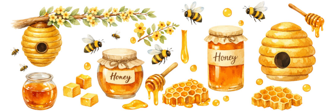 A charming watercolor collection of honey,  jars, beehives and bees for organic food branding.