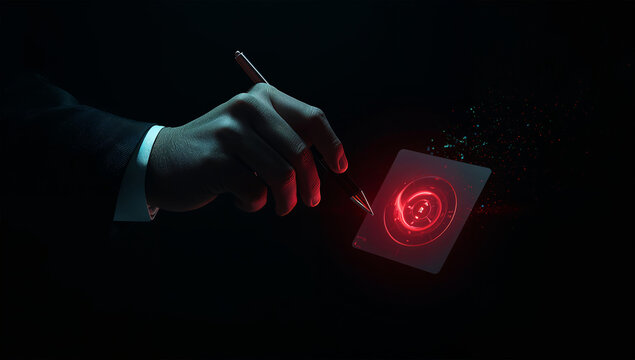 ハイコントラストで浮かび上がる手と赤い的、決断の瞬間