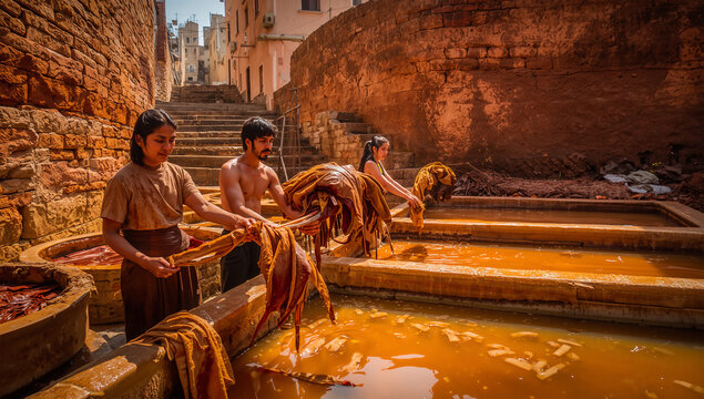 マラケシュのなめし革工房で職人が革を扱う昼、色と匂いの路地