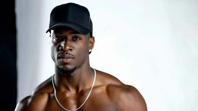 Man wearing a black cap poses with his back turned and looks over his shoulder in a studio setting against a plain background