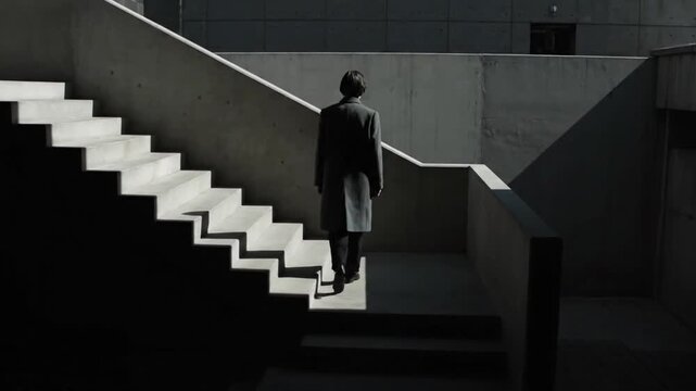 A sequence of a person walking up outdoor stairs in an urban environment, with changing shadows and lighting, creating a shadow play effect.