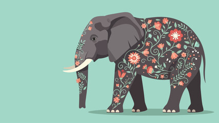 Obraz premium Floral Elephant Illustration with Decorative Design on Light Green Background