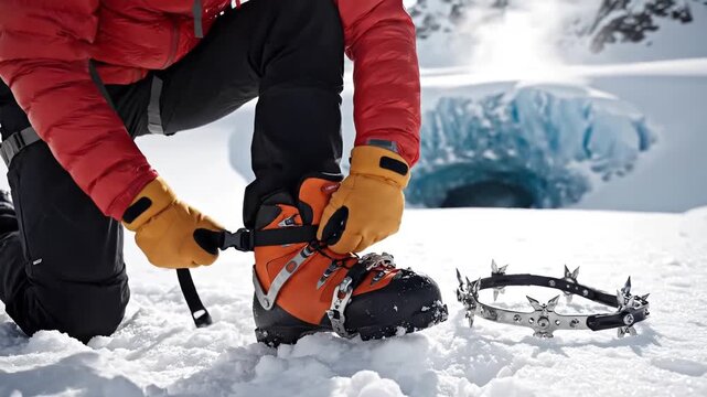 Closeup of a mountaineer attaching crampons to their boots on a snowy mountain slope with a glacier in the background.