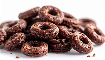 Obraz premium Pile of chocolate cereal rings isolated on white background, crispy texture detail, sweet breakfast food