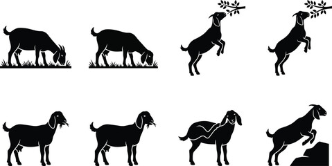 Fototapeta premium Set of 8 Black Goat Silhouettes Vector Icons
