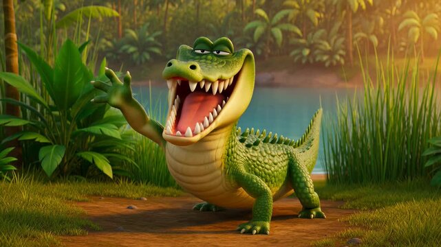 Friendly cartoon crocodile waving in tropical jungle environment with large open mouth showing sharp teeth animation