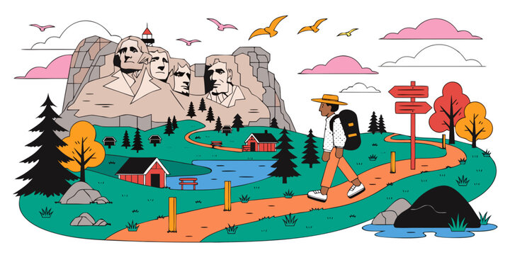 USA, US, U.S, United States - Adventure hiking trail near Mount Rushmore, panoramic flat vector illustration 
