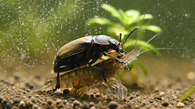 Intimate Macro Shot of a Beetle Predating on a Freshwater Shrimp in a Natural Aquarium Environment with Lush Green Aquatic Plants.