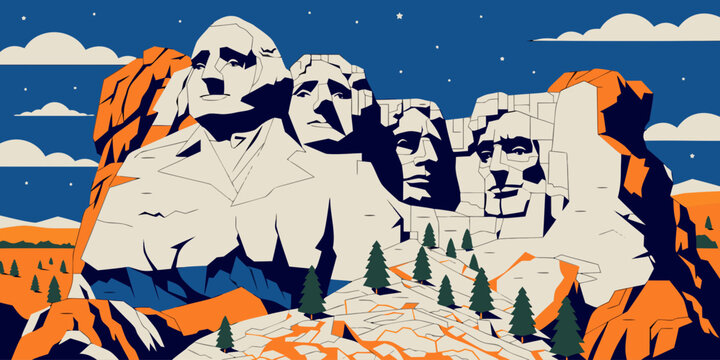 USA, US, U.S, United States - Mount Rushmore night stars, ultra-wide flat vector, cinematic style 
