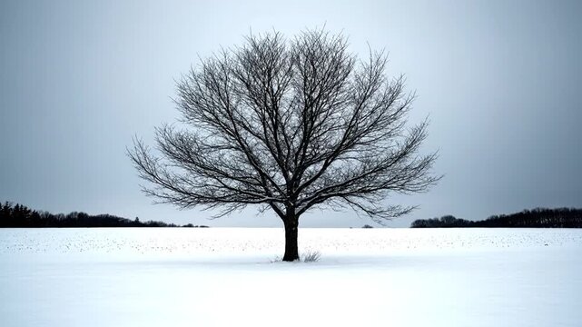 A lone leafless tree stands in a snow-covered landscape under a clear, cold sky, with the horizon showing distant dark forest. The scene repeats in a grid pattern.