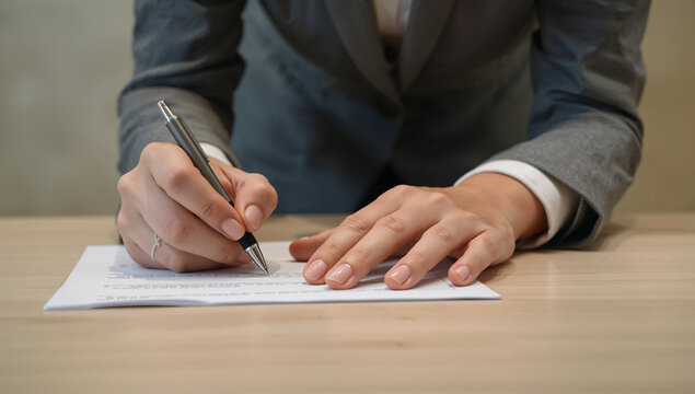 入社書類に署名する新入社員の手元、受付カウンターでの緊張感