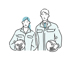 ヘルメットを持つビジネスパーソンー作業服の男女二人ー上半身ーベクターイラスト素材