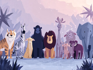 Fototapeta premium Wild Animals Gathering Tiger Lion Elephant and More in a Fantastical Jungle Environment Colorful Art Perspective