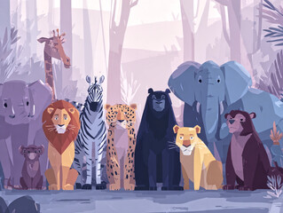 Fototapeta premium Wild Animals Gathering Tiger Lion Elephant Leopard and More in Serene Forest Scene