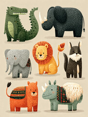 Fototapeta premium Whimsical Wild Animals Parade Featuring Tiger Lion Elephant and More in a Playful Setting for Kids Art and Learning