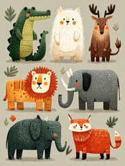 Fototapeta premium Wild Animals Gathering Lion Tiger Elephant and Friends in a Playful Jungle Scene