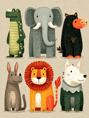 Fototapeta premium Wild Animals Playful Elephant Lion and Bear in Cartoon Style Colorful Environment Artistic Viewpoint Family Concept