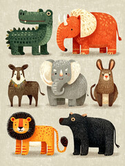 Fototapeta premium Wild Animals Gathering Exotic Safari Creatures Including Tiger Lion Elephant and More in a Vibrant Jungle Setting