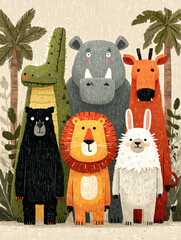 Fototapeta premium Wild Animals Gathering Tiger Lion Elephant and More in a Jungle Setting Illustrative Artwork Vibrant and Playful Environment