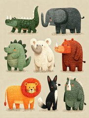 Fototapeta premium Wild Animal Friends Charming Illustrations of Tiger Lion Elephant and More in Playful Style