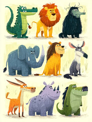 Fototapeta premium Wild Animals Encounter Lion Elephant and Leopard Gather in a Vib