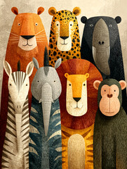 Fototapeta premium Wild Animals Gathering Tiger Lion Leopard Elephant and More in a Vibrant Jungle Scene