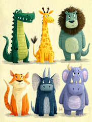 Fototapeta premium Adventure of Wild Animals Giraffe Lion and Crocodile in a Vibrant Cartoon Jungle Scene