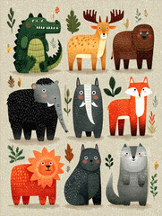 Fototapeta premium Wild Animals Gathering Tiger Lion Elephant Leopard and More in a Playful Forest Setting Whimsical Illustration Vibrant Colors