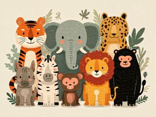 Fototapeta premium Wild Animals Gathering Tiger Elephant Lion and Leopard in a Playful Jungle Scene Vibrant Colors Cartoon Style