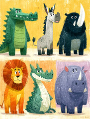 Fototapeta premium Wild Animal Adventure Colorful Creatures Like Lions Tigers and Elephants in a Vibrant Jungle Scene