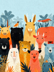 Fototapeta premium Wild Animals Gathering A Vibrant Jungle Scene with Tiger Lion Elephant Leopard and More Nature Illustration Colorful and Whimsical