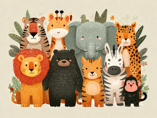 Fototapeta premium Wild Animals Gathering Tigers Lions Elephants and More in a Playful Jungle Scene