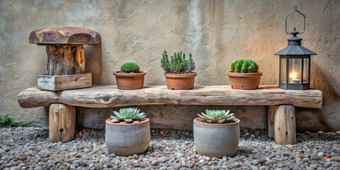 Fototapeta premium Rustic wooden bench adorned with potted succulents and a charming illuminated lantern, creating a serene outdoor ambiance