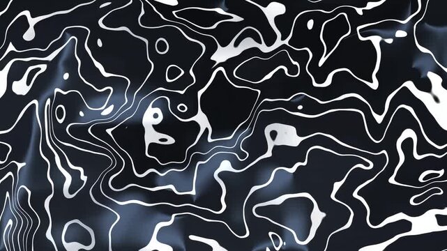 An abstract animation featuring flowing, organic white lines resembling a topographic map or liquid metal on a dark, reflective surface. Dynamic and modern background loop for various projects.