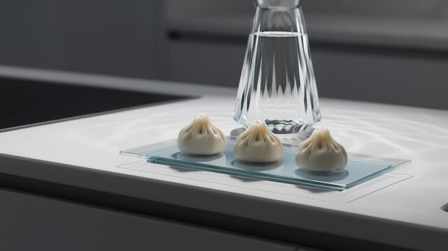 Close-Up of Delicious Khinkali Dumplings on Glass Plate With Water Decanter