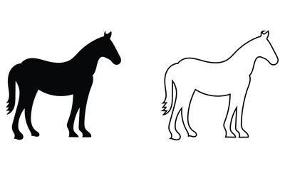 Fototapeta premium Horse Silhouette and Outline Vector . Black silhouette and linear outline horses in side view, ideal for logos, branding, tattoos, and equestrian themed designs in simple minimalistic style.