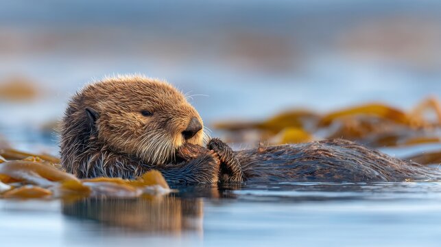 Adorable Sea Otter Floating on Its Back in Calm Water, Enjoying a Peaceful Moment