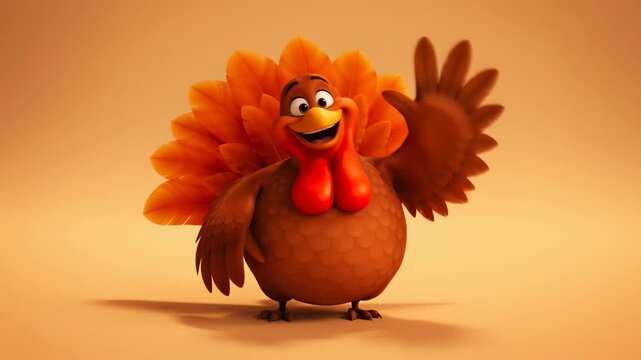 Happy thanksgiving cartoon turkey waving hello on an orange background animated celebration of the autumn holiday