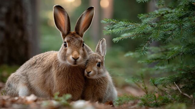 cute hare and baby hare in the summer forest 