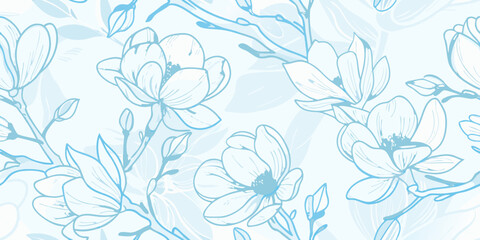 Delicate blue line art illustration of blossoming magnolia flowers and stems © Roni