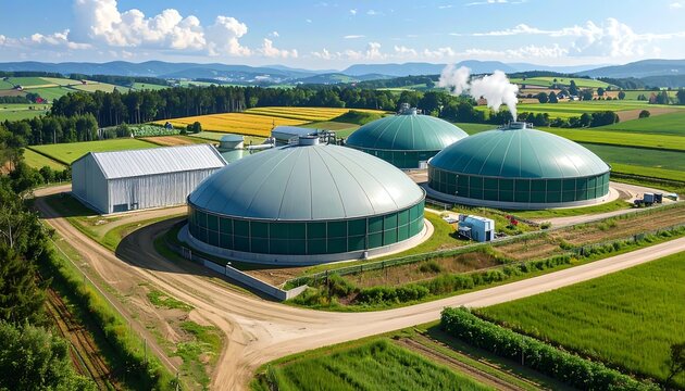 Aerial view of a biogas plant with green domes in a rural landscape