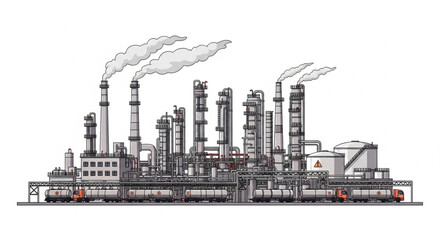 Obraz premium Industrial Oil Refinery Complex with Trains and Smoke Stacks.