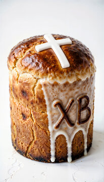Traditional Orthodox Easter Kulich with Cross and &ldquo;XB&rdquo; Icing on White Background for Resurrection Feast