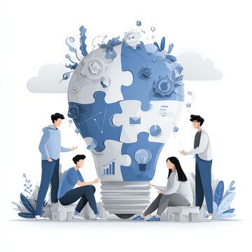 Team of diverse coworkers collaborating to solve a complex problem