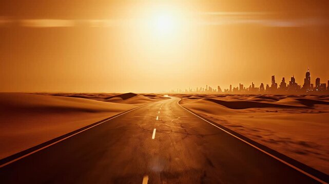 Desert Road at Sunset Across Dunes and Distant Horizon.