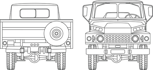 Fototapeta premium Modern military off road utility truck vector line drawing with front and rear views