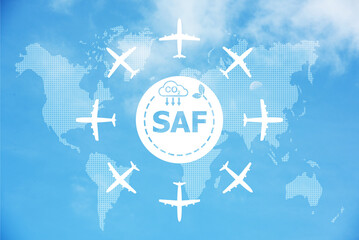 Sustainable Aviation Fuel (SAF)  and icons on blue sky background.