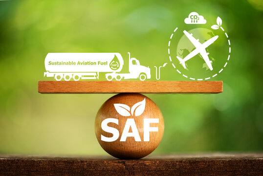 Sustainable Aviation Fuel (SAF)  and icons on natural background.