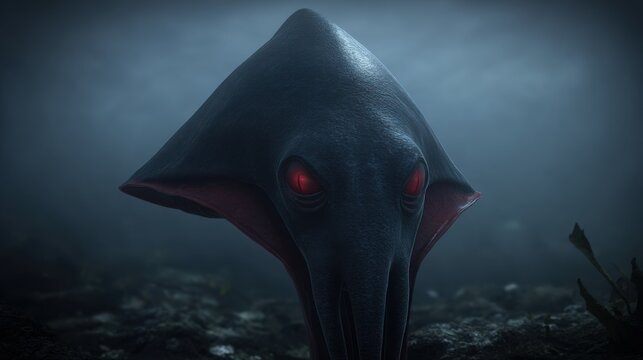 Mysterious Vampire Squid with Glowing Red Eyes Lurking in the Deep Ocean Abyss