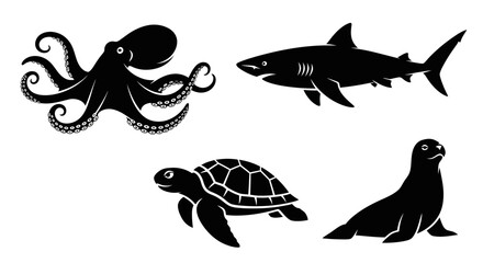 Obraz premium Marine Animals Silhouettes Set: Octopus, Shark, Turtle, and Seal Icons
